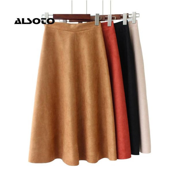 

skirts women suede high waist midi skirt winter vintage style pleated ladies a line black flare faldas mujer moda womens