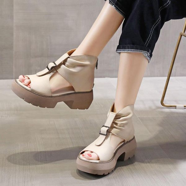 

sandals summer solid color retro slope high-women's thick-soled non-slip wear-resistant comfortable cow leather shoes, Black