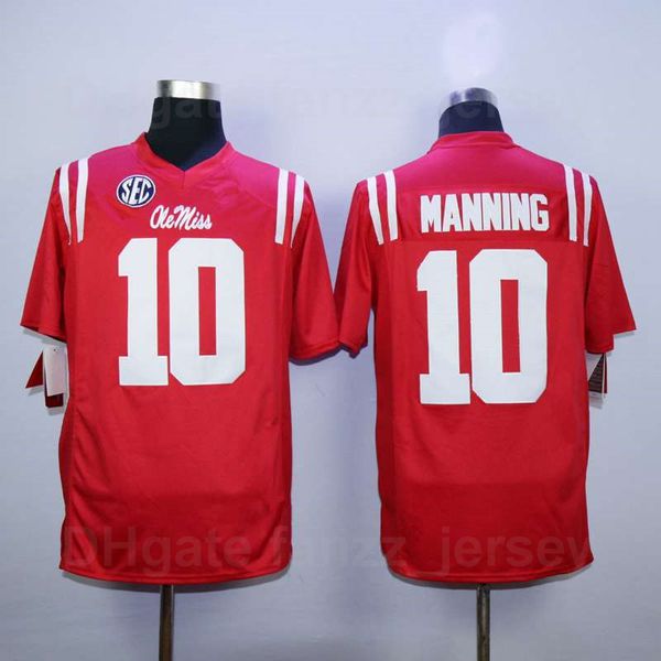 Homens Ole Miss Rebels Futebol Futebol 10 Eli Manning Jersey Distribuidora Legenda Equipe Cor Vermelho Bordado e Costura Respirável Universidade Pura Algodão Bom / Top