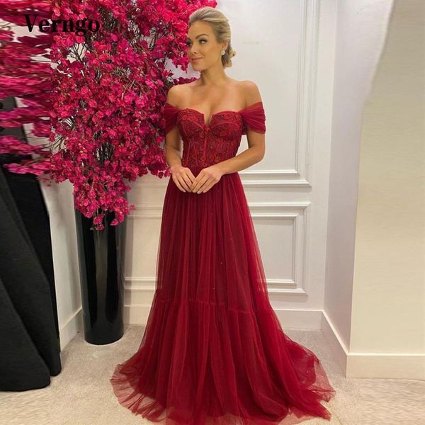 

party dresses verngo 2021 dark red tulle a line prom off the shoulder lace applique floor length evening gowns women long formal dress, White;black