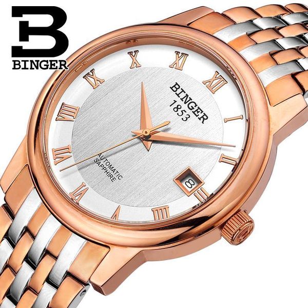 

switzerland binger men's watch mechanical wristwatches sapphire full stainless steel 1 year b653-5, Slivery;brown