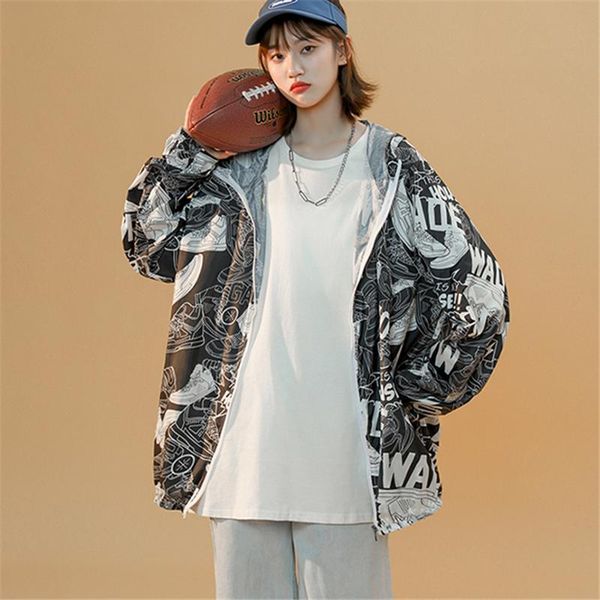 

women's jackets 2021 summer fashion loose large size hooded long-sleeved thin section handsome sunscreen printed jacket female trend h1, Black;brown
