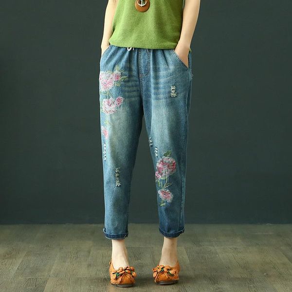 

women's jeans korean fashion women elastic waist loose hole vintage denim harem pants floral embroidery ripped mom, Blue