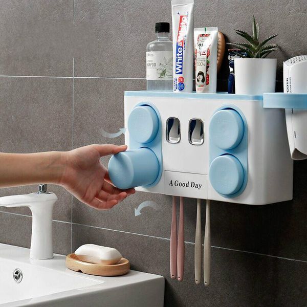 

toothbrush holders automatic toothpaste dispenser with4 wash cups wall mounted holder hair dryer shelves bathroom organizer storage rack