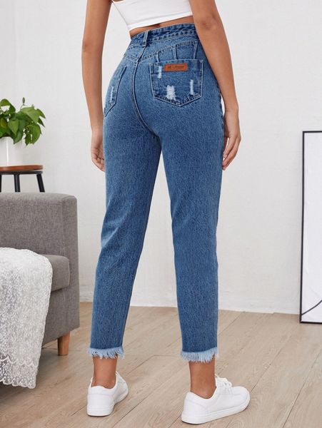 

high waist letter patch ripped raw hem mom jeans q5kj#, Blue
