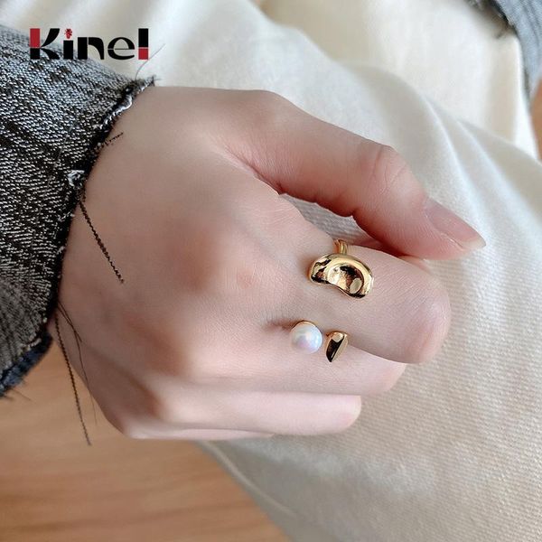 

cluster rings kinel irregular open pearl ring for women authentic 100% 925 sterling silver fashion korea fine jewelry, Golden;silver
