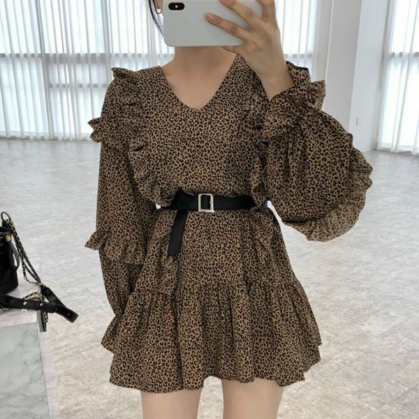 

casual dresses [ewq] korea chic v-neck leopard ruffle stitching women's autumn loose lantern sleeves pullover dress female fashion 2021, Black;gray