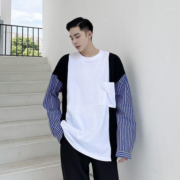 

men's t-shirts male youth hip hop tee shirt men streetwear fashion stripe splice long sleeve casual loose t-shirt, White;black