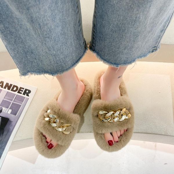 

slippers 2021 winter plush fashion solid color women's sandals metal chain outdoor casual shoes, Black