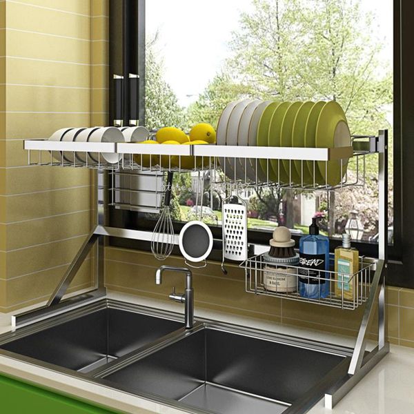 

multi-use kitchen stainless steel storage & hanger sink drying rack stand racks for cup bowl plate spices with removable hook organization