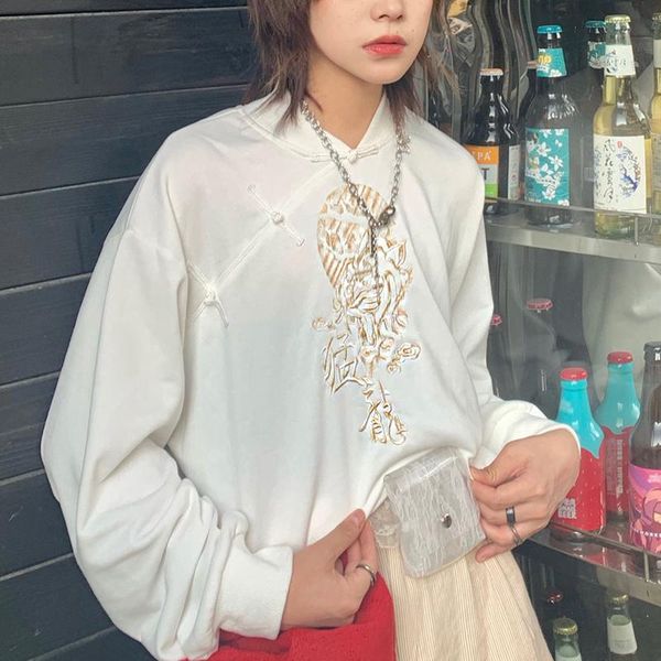 

women's hoodies & sweatshirts chinese style vintage pankou sweatshirt dragon embroidery loose pullover autumn thin, Black