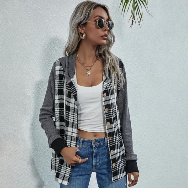 

women's jackets plaid jacket female coat long sleeve hoodie woman fall winter casual outerwear fashion street style coats women, Black;brown