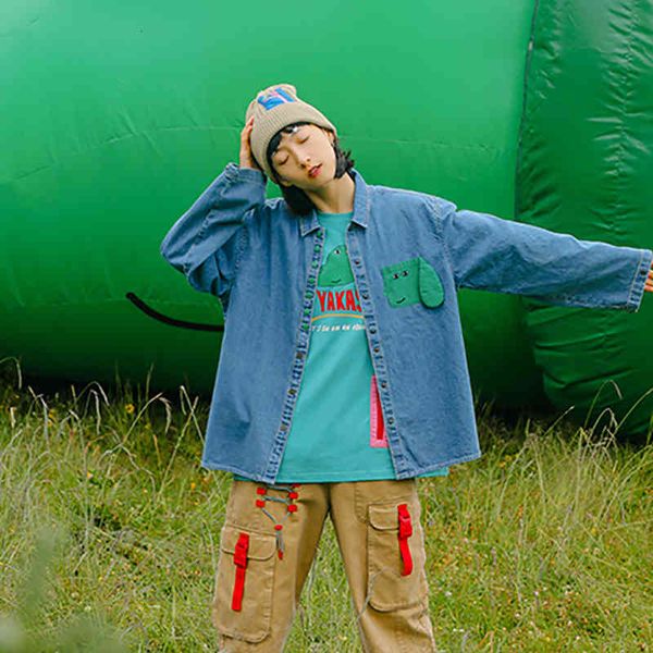 

skirt patching ladies blouse sleeve down collar autumn simple basic female design denim cartoon shirt, Black