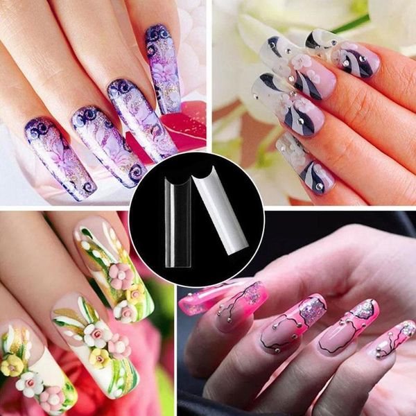 

false nails french full paste nail pipe c curve straight lengthened extra tips transparent artificial fake c6c0, Red;gold