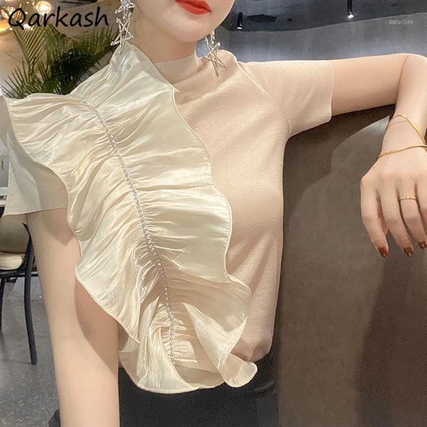

women's t-shirt t-shirts women design aesthetic temperament feminino ulzzang ruffles summer o-neck ins patchwork slim elegant students, White