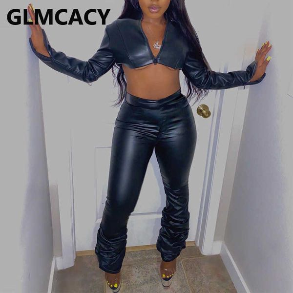 

women chic pu leather pants black streetwear trousers 210702, Black;white