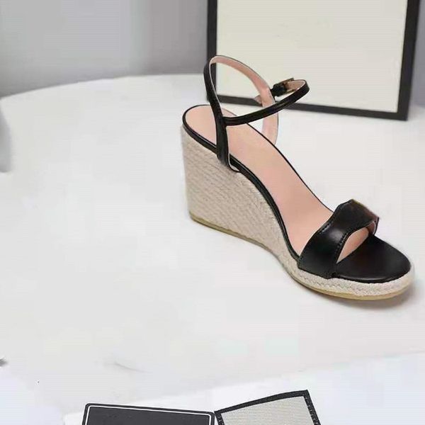 

women leather platform espadrille sandals designer lady adjustable ankle strap buckle cord wedge-shaped heel sandal, Black