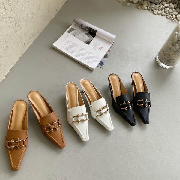 

gold buckle kitten heel designer mules shoes women slip on square toe outdoor slippers elegant solid ladies, Black