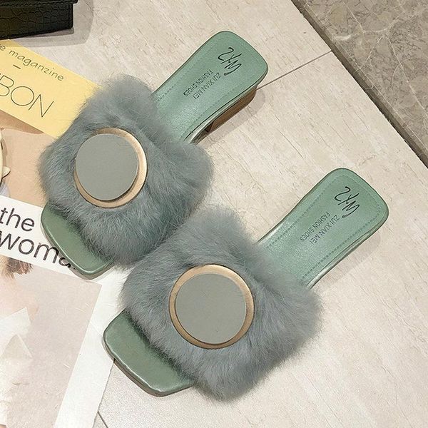 

nice summer women metal slippers low heels decoration fur shoes woman college girls outside casual flip flops, Black