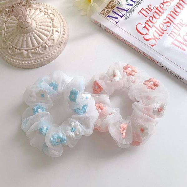 

flower elastic hair bands scrunchie women mesh embroidery floral headbands girls tie rope accessories1