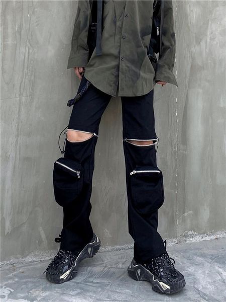

men's pants cargo straight spring and autumn personality detachable design sense casual fashion hip hop loose oversized pant, Black
