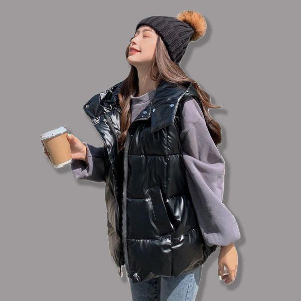 

women's vests 2021 autumn winter cotton vest coat women solid color waistcoats hooded waistcoat glossy warm sleeveless jacket, Black;white