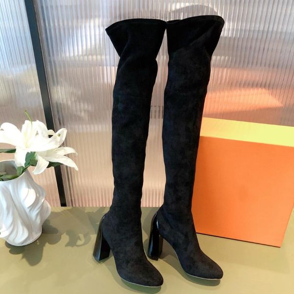 

boots women shoes winter round toe slip on suoer high heels solid colors natural cow suede over the knee zapatos de mujer, Black