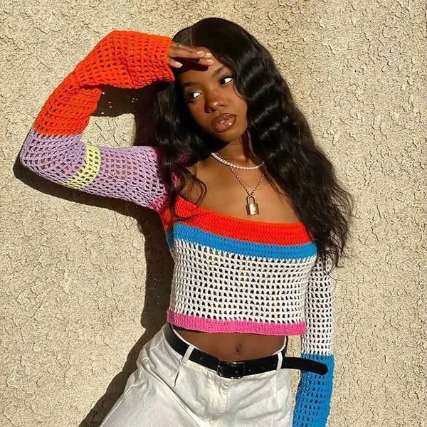 

women's t-shirt knitted long sleeve crop women beach autumn summer patchwork vintage green casual t shirts fashion, White
