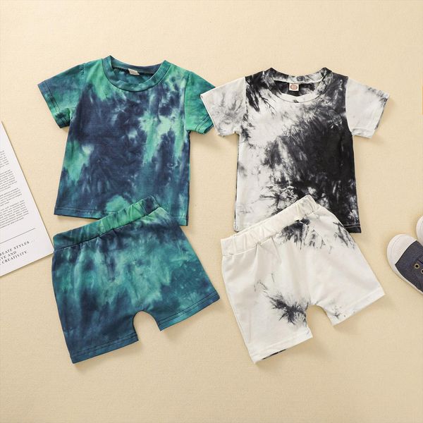 

0 5years toddler baby girl boy fashion 2pcs clothing set short sleeve tie dye printed shirt shorts 2styles, White