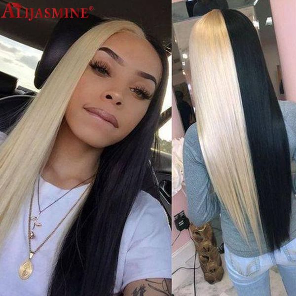 

lace wigs straight blonde front human hair pink blue ombre part wig brazilian remy grey transparent 180%, Black;brown