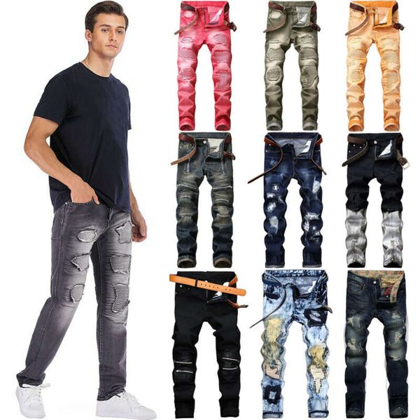 

jeans fashion men straight ripped regular fit pant long frayed s, Blue