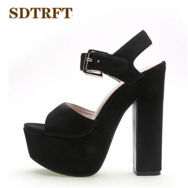 

summer ankle strap shoes women peep toe 15cm thick high heels sandals platform pumps sapato feminino, Black