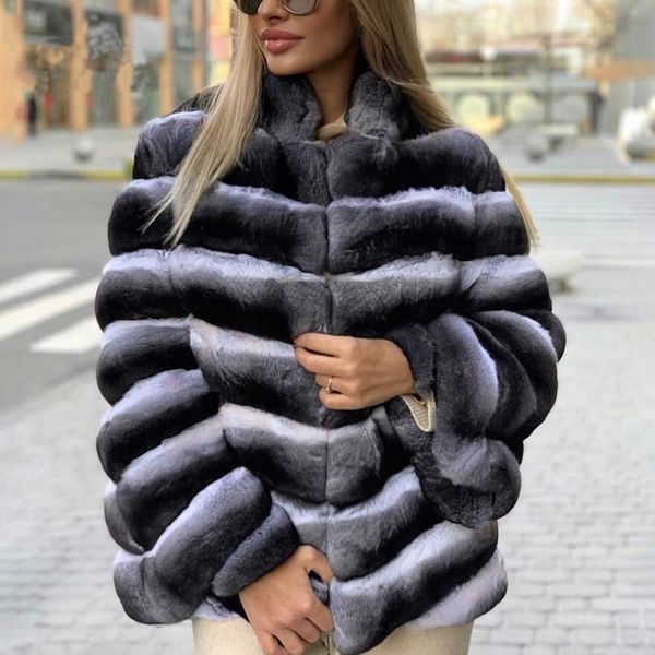Natural Women Real Rex Rabbit Fur Jacket Colletto alla coreana Alta qualità Moda invernale Genuino Full Pelt Rex Rabbit Fur Coats Outwear Q0828