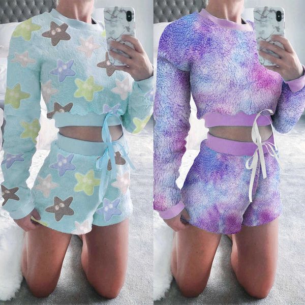 

women's sweaters winter tie dye star print plush women 2 pieces set casual long sleeve o neck bow crop high waist shorts ladies furry o, White;black