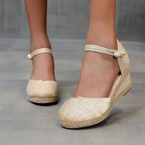 

sandals women's solid color suede stitching woven slope heel buckle round toe high-heeled fashion trend elegant all-match, Black