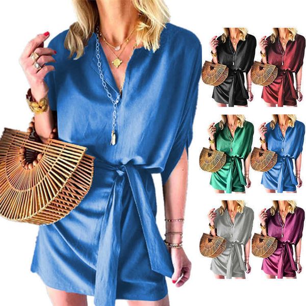 

summer half women's sleeve bandage satin casual dress, Black;gray