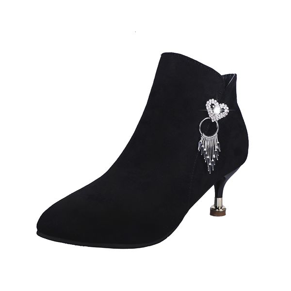 

boots thick-heeled boots with metal tassels, women's shoes winter crystals and plus velvet size zipper gtr6, Black