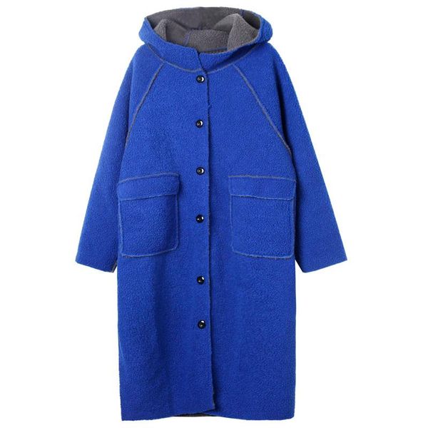 

women's wool & blends ladies temperament lamb hooded coat 2021 winter mid-length korean version large size loose slim cardigan, Black