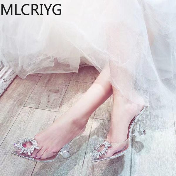 

dress shoes mlcriyg large size 41 42 fashion transparent pvc sandals women's rhinestone sunflower high heels summer, Black