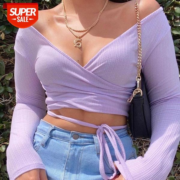 

hollow t shirts for women ladies deep v neck black long sleev off should stylish lace up outfits causal wear autumn #q63p, White