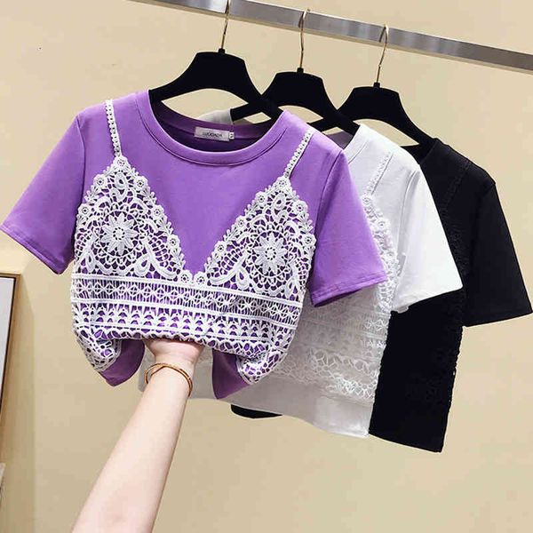 

women's t-shirt shintimes new crop lace splice t women cotton fashion summer short sleeve patchwork tee femme sxg9, White