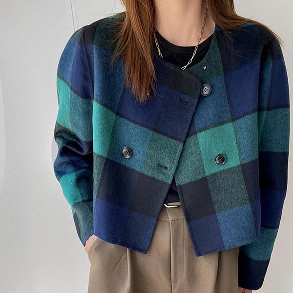 

women's wool & blends short plaid double breasted vintage 2021 autumn 100%wool coat women winter overcoat cashmere jacket female woolen, Black