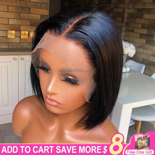 

lace wigs straight transparent frontal bob for black women aircabin brazilian remy human hair t part short, Black;brown