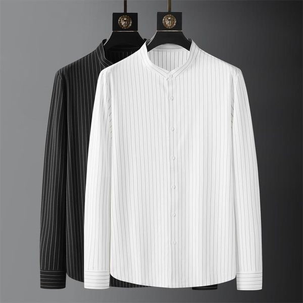 

men's casual shirts minglu summer stand collar male luxury long sleeve fashion slim fit stripe man plus size 4xl, White;black