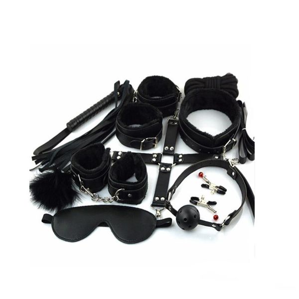 massaggiatore giocattolo del sesso Massaggio 10 pezzi / set Prodotti sexy esotici per adulti Giochi Bondage in pelle Kit BDSM Manette Giocattoli Frusta Gag Accessori donna 11Z8