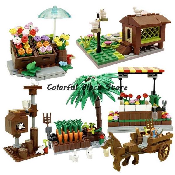 Street View Building Block Accessori Negozio di fiori Carrozza Animali da fattoria Pollame Orto Casetta per uccelli Gatto MOC Giocattolo Regalo per bambini Q0823