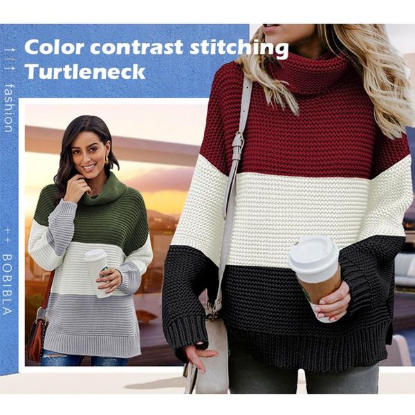 

women's sweaters fashion women turtleneck sweater autumn winter loose knit pullover patchwork long sleeve stripes color block, White;black