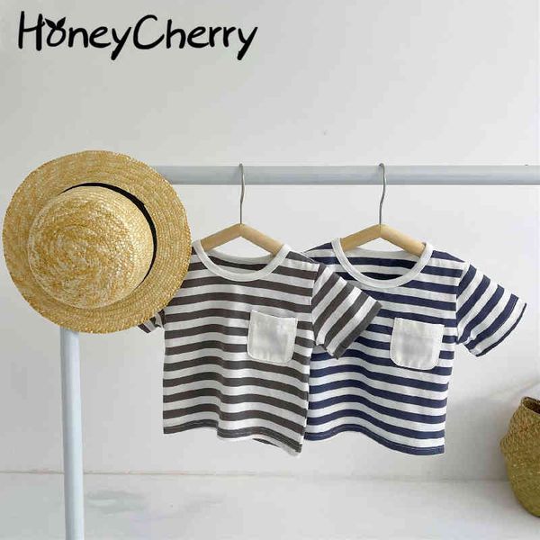 

summer children short sleeve t-shirt striped cotton baby round neck solid color bottom 210515, Blue