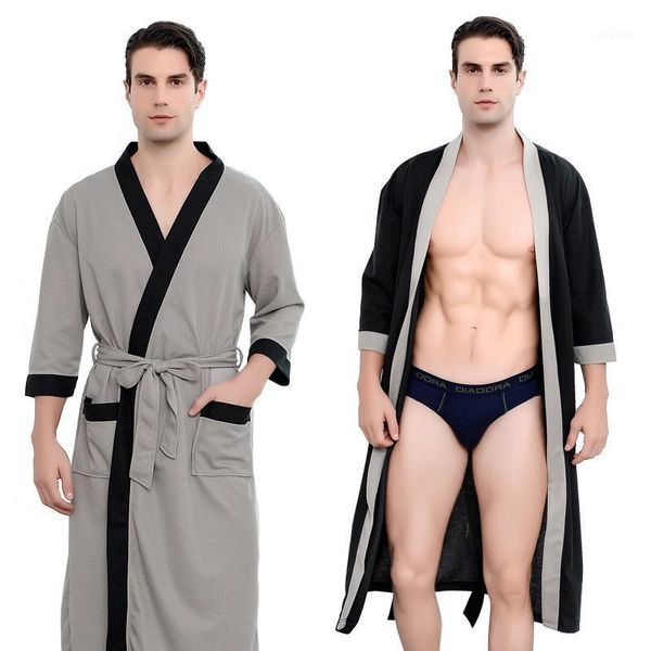 

men's waffle el bathrobe spa robe water absorbing nightgown japanese-style kimono shawl collar night gown sleepwear, Black;brown