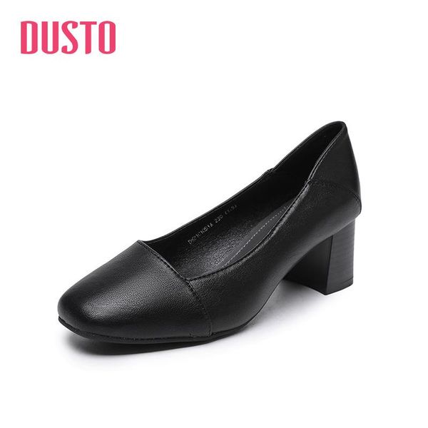 

dress shoes dusto 2021 spring mid-heel thick heel solid color single shoe cover foot shallow mouth women's, Black